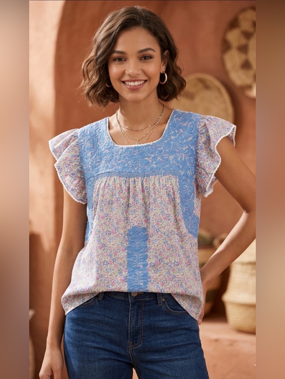 J. Marie Floral Blue and White
Embroided Top